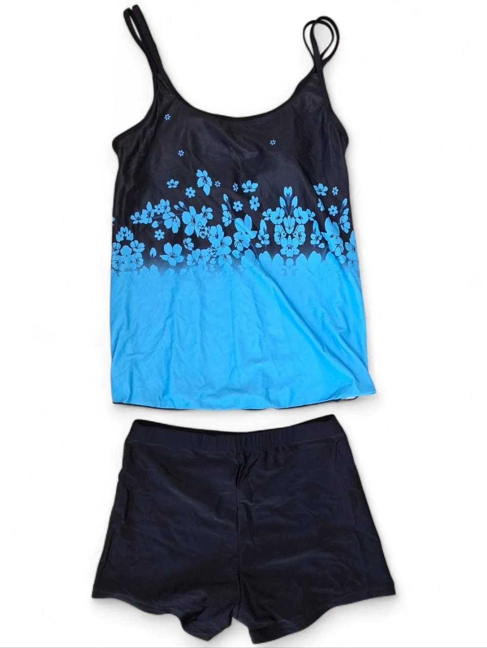 Black and Bright Blue Floral Ombre Tankini Top With Black Shorts Set